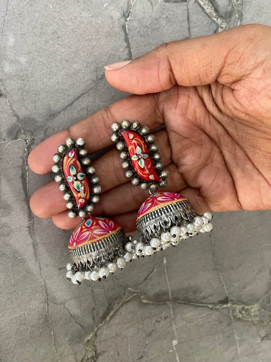 Jhumka Earrings Pink Floral Designs With Pearl German Oxidized Earring for Women