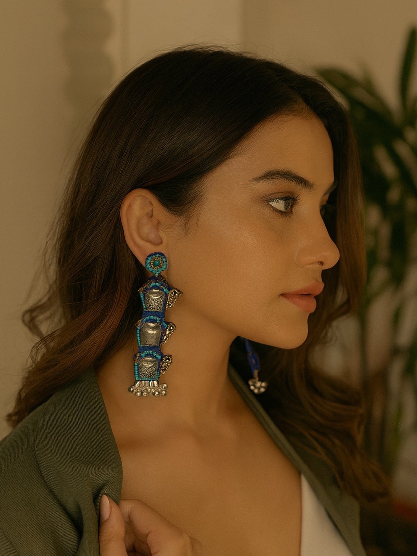 Blue Beaded Earrings Tea Kettle Design With Ghungroo