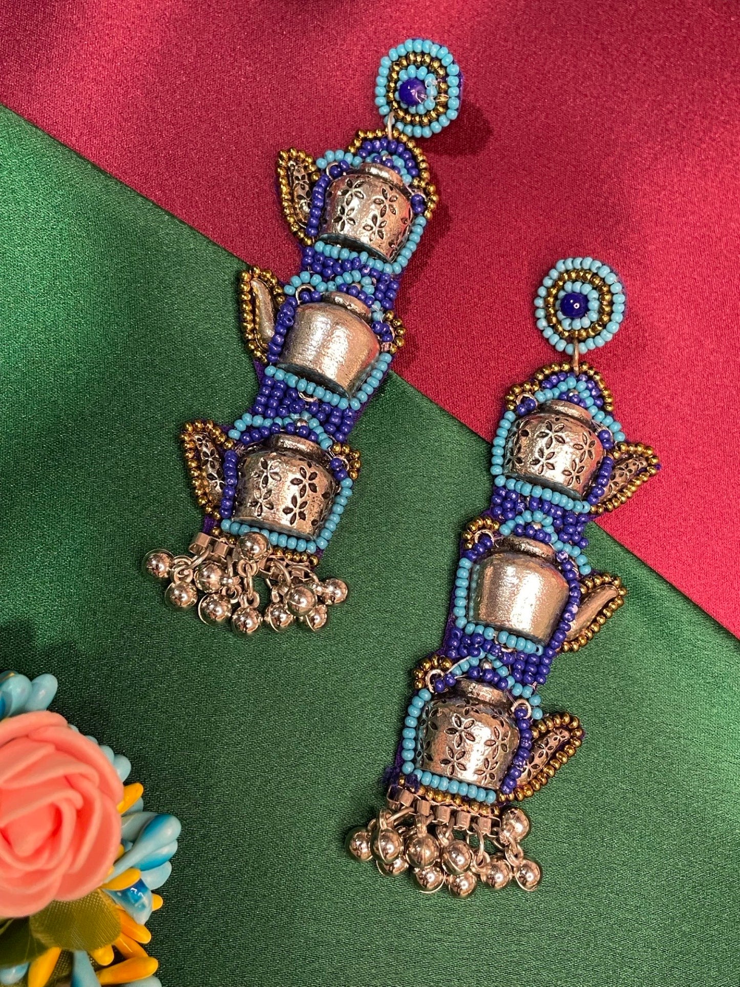 Blue Beaded Earrings Tea Kettle Design With Ghungroo