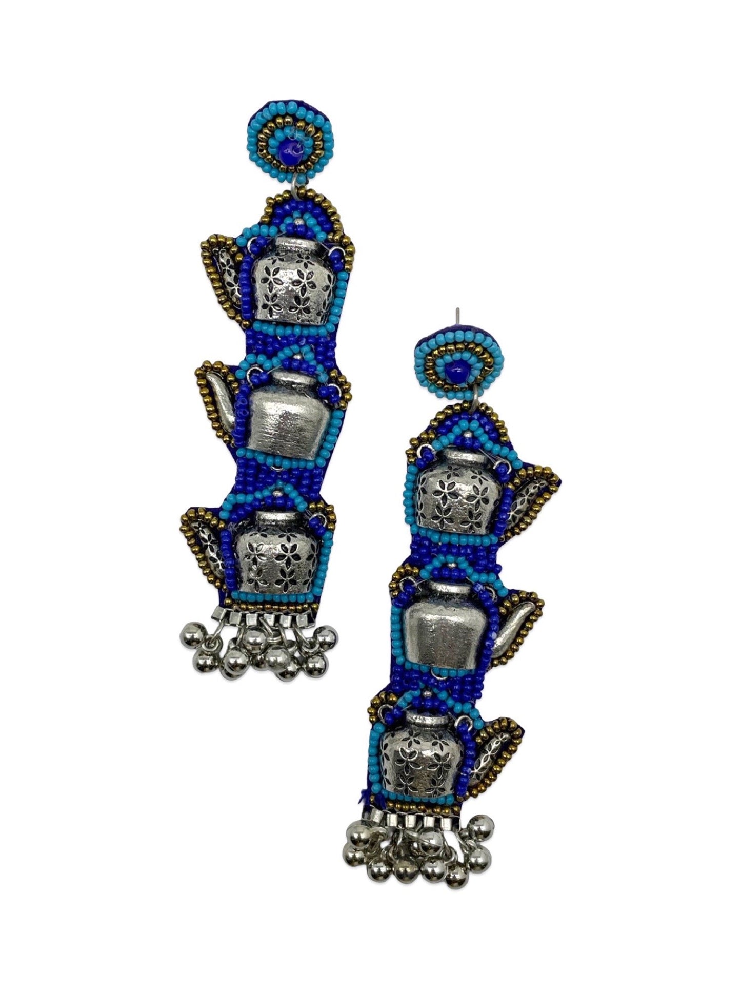 Blue Beaded Earrings Tea Kettle Design With Ghungroo