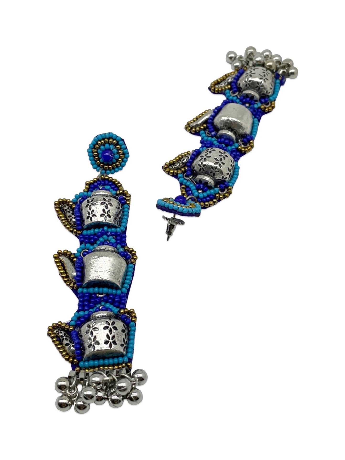 Blue Beaded Earrings Tea Kettle Design With Ghungroo