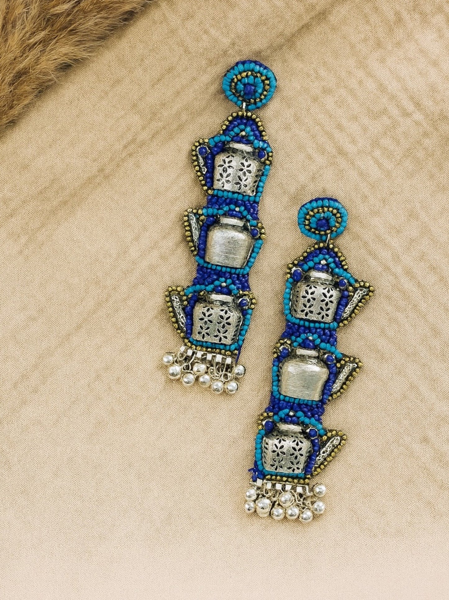 Blue Beaded Earrings Tea Kettle Design With Ghungroo