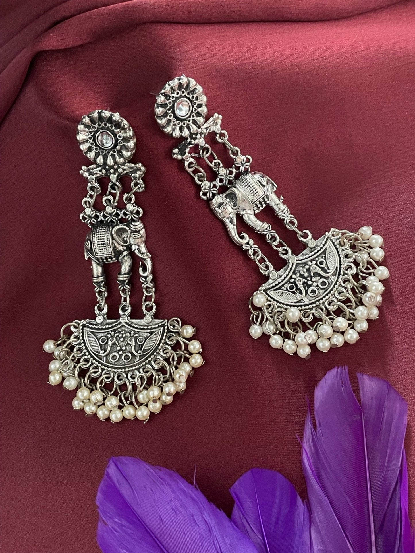 Drop Earrings Elephant With Pearl Design