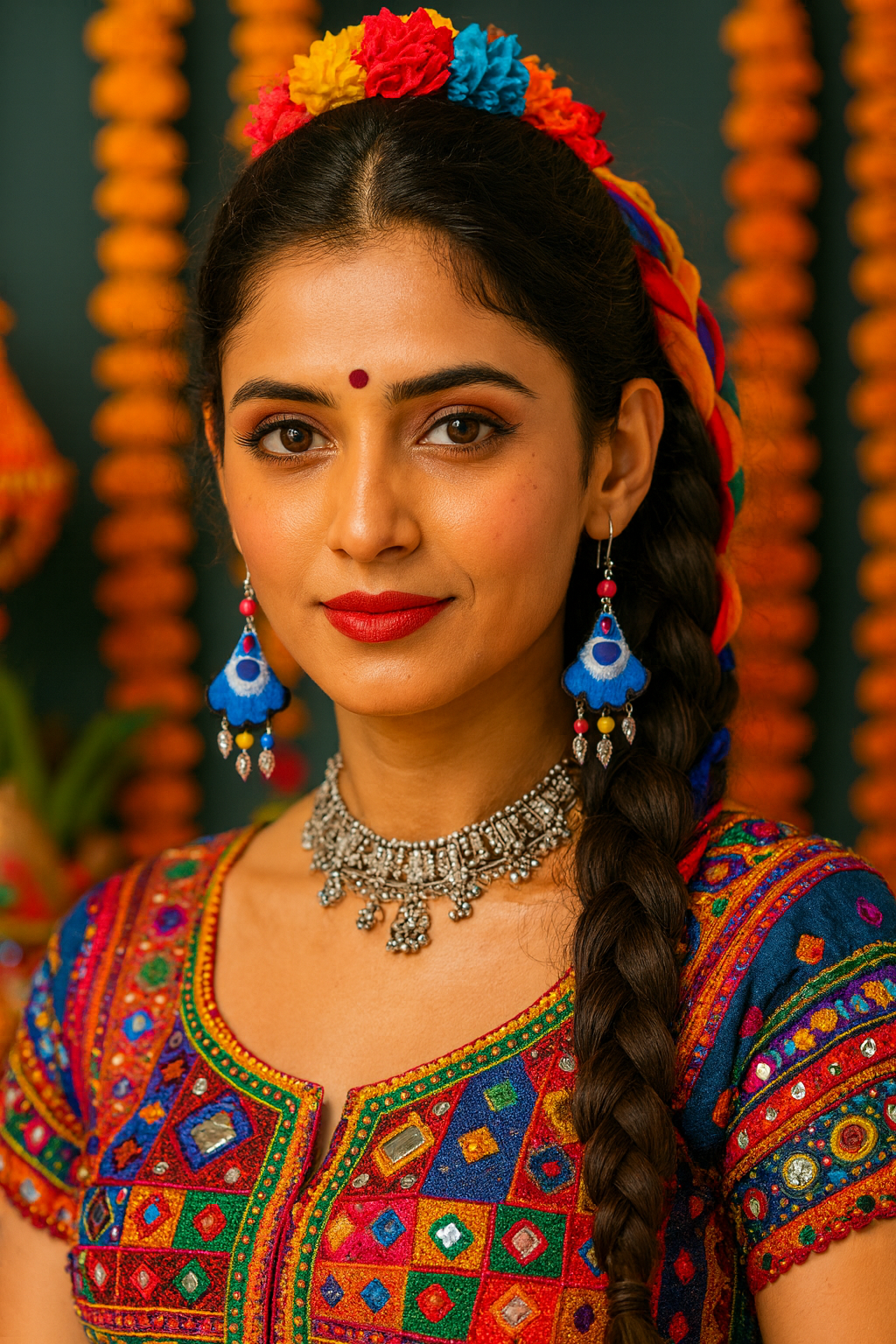 Elegant Embroidery Hook Earrings with colored Beads and Silver Leaf Danglers