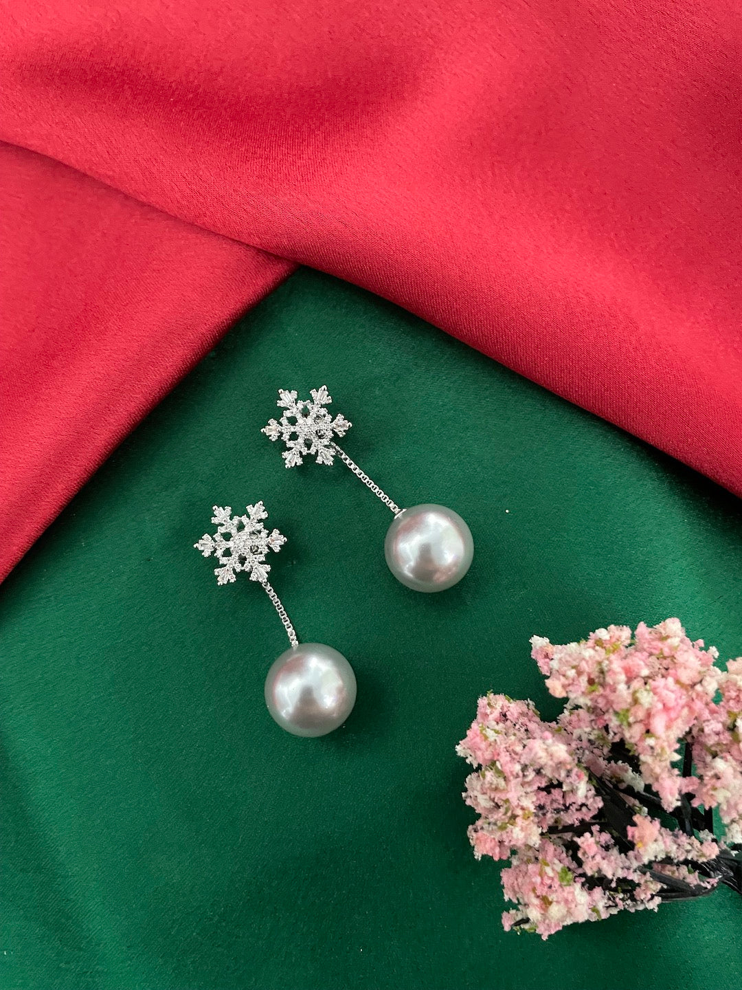 Pearl Snowflake Drop CZ Earrings | Festive Party Wear Jewelry for Women