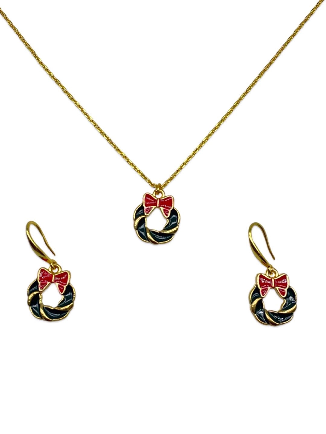 Christmas Green Wreath Charm Necklace & Earrings