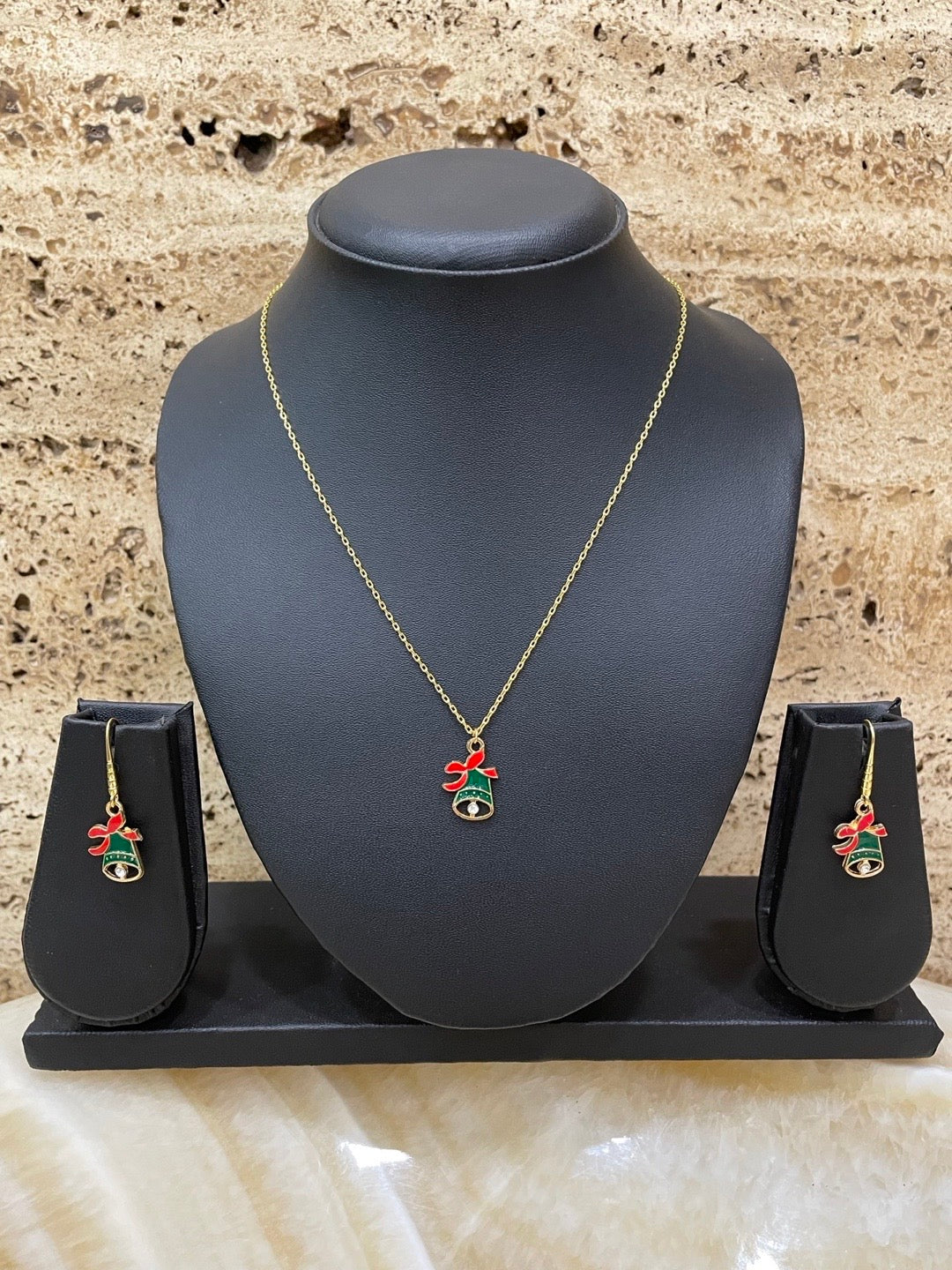 Christmas Green Jingle Bell Charm Necklace Set