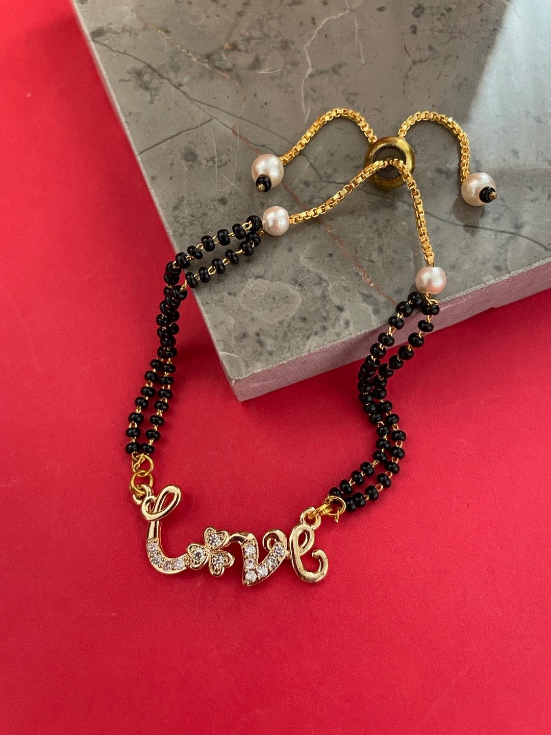 Gold Plated Love Pendant American Diamond Adjustable Mangalsutra Bracelet