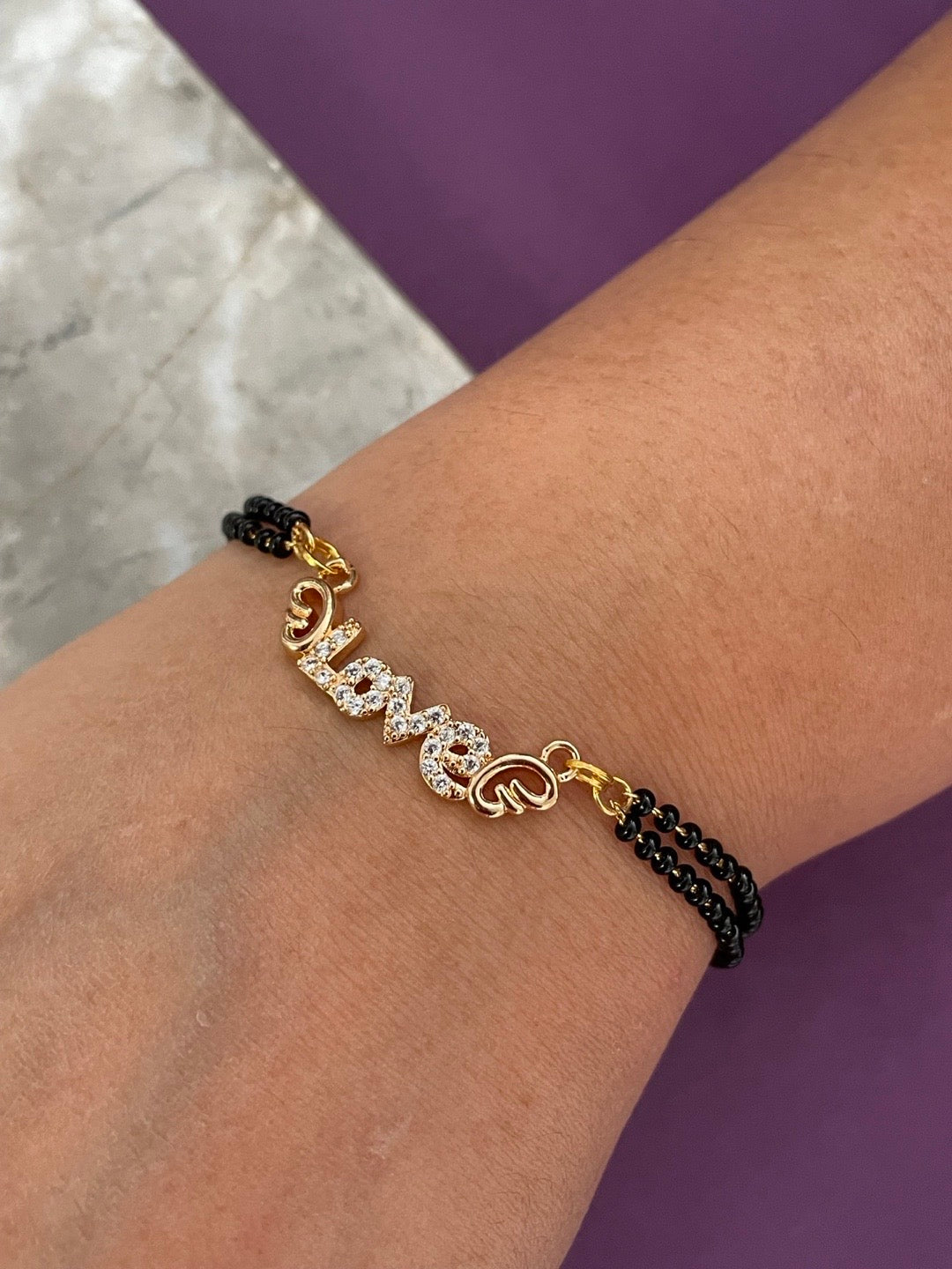 Gold Plated Love Pendant American Diamond Adjustable Mangalsutra Bracelet