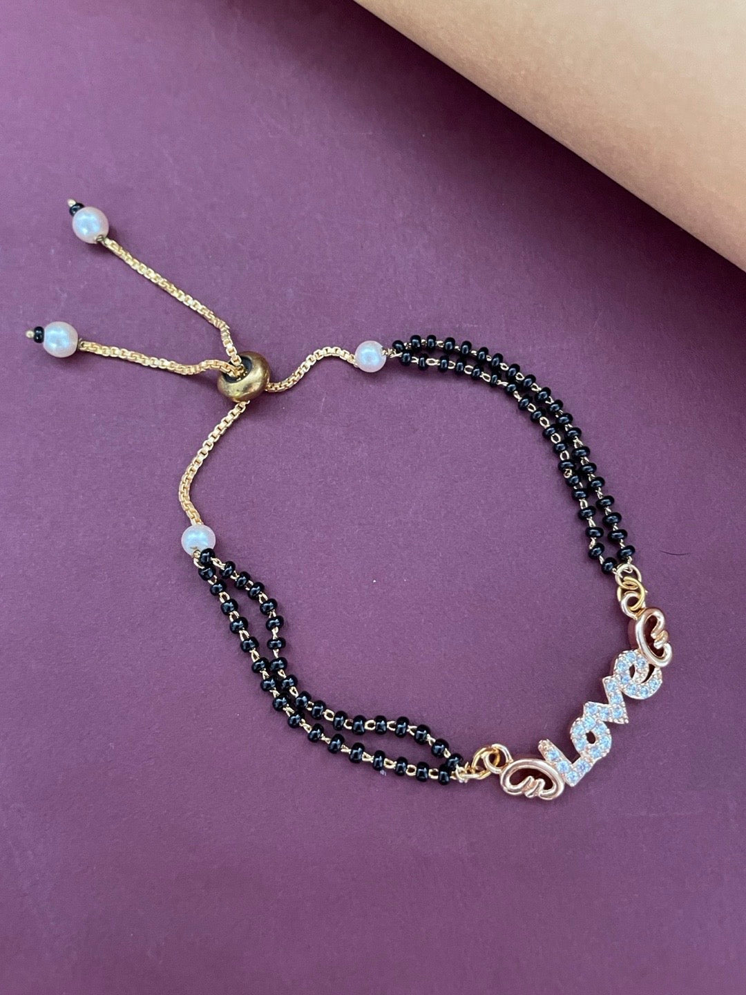 Gold Plated Love Pendant American Diamond Adjustable Mangalsutra Bracelet