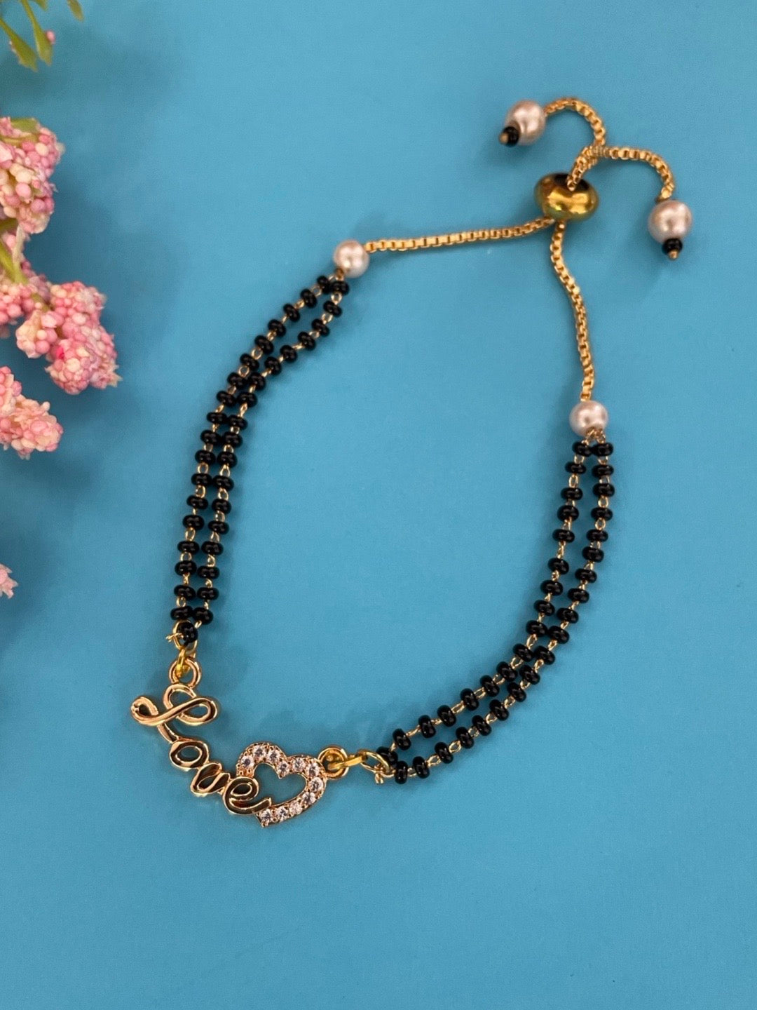 Gold Plated Love Pendant American Diamond Adjustable Mangalsutra Bracelet