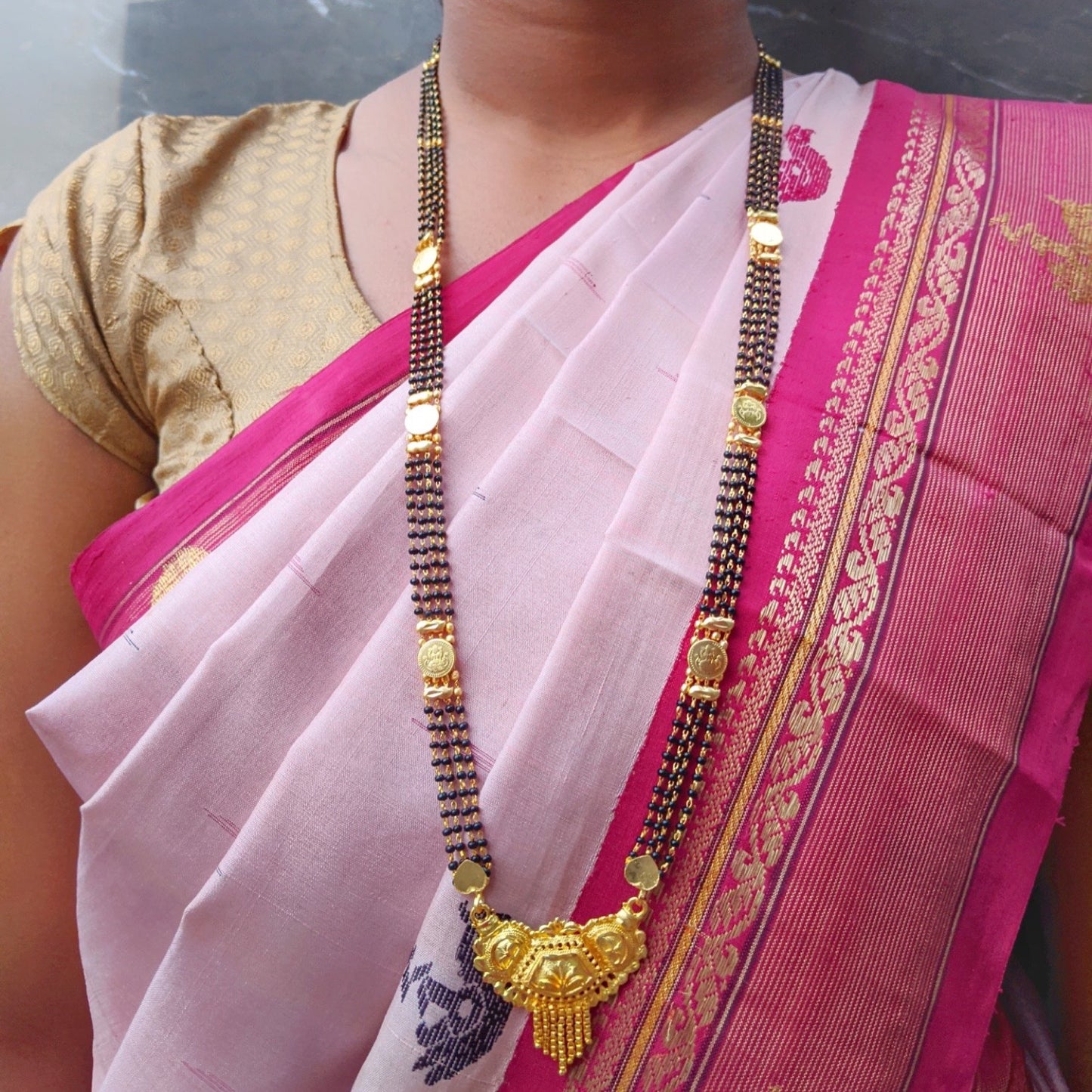 Long Mangalsutra Designs Gold Plated Latest Pendant 2 Layer Traditional Black Beads Mangalsutra