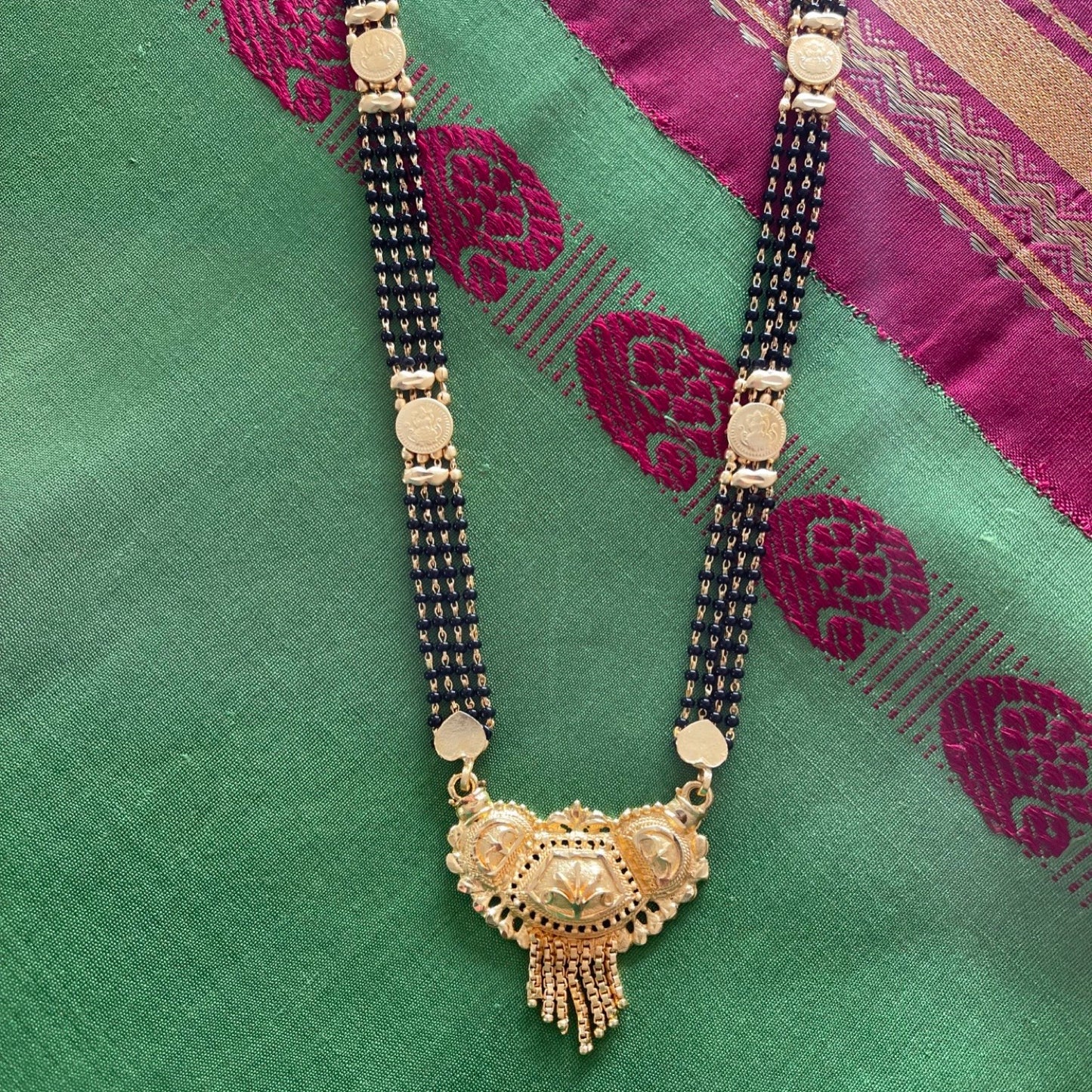 Long Mangalsutra Designs Gold Plated Latest Pendant 2 Layer Traditional Black Beads Mangalsutra