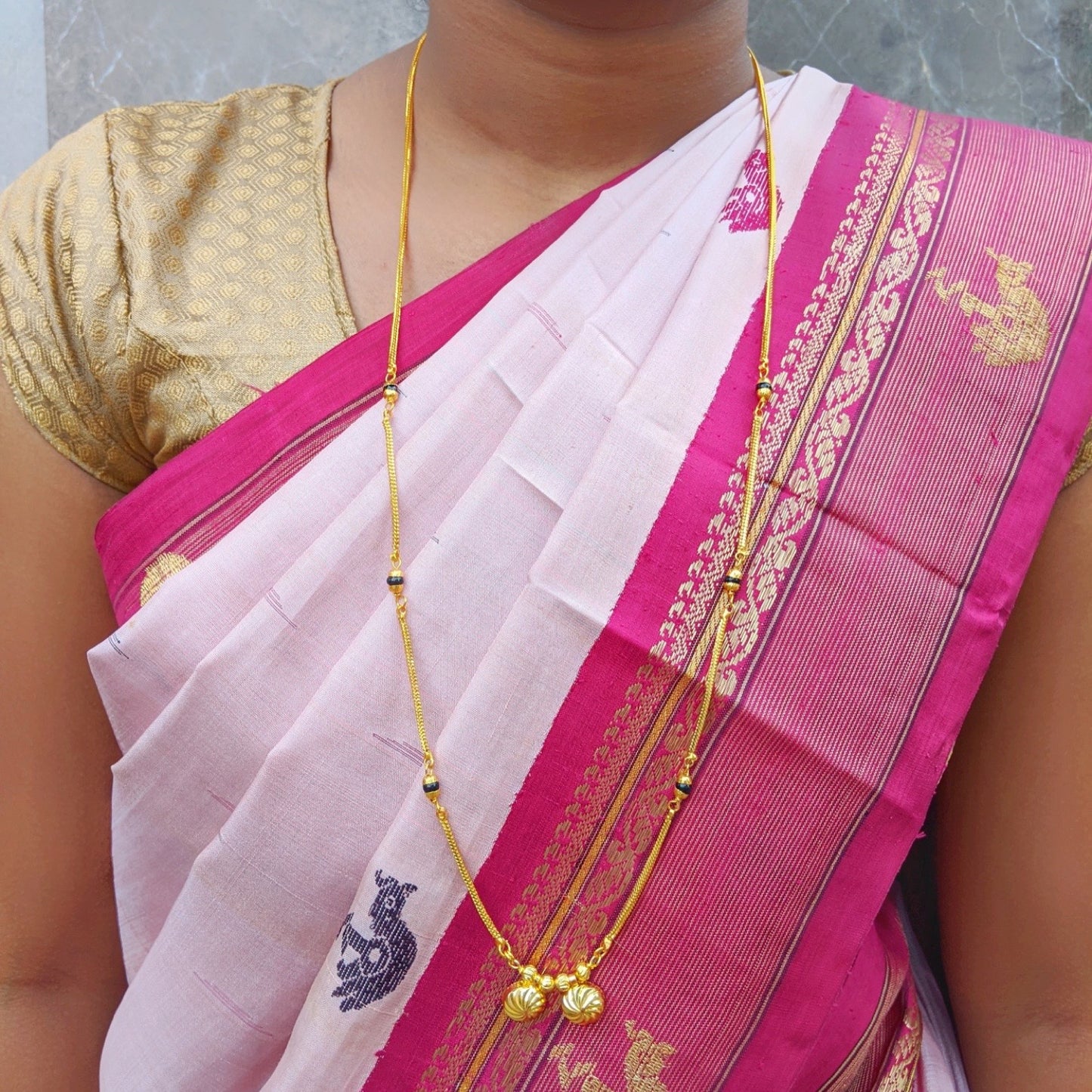 South Indian Style Long Mangalsutra Designs Vati Pendant With Simple Black Beads Gold Chain