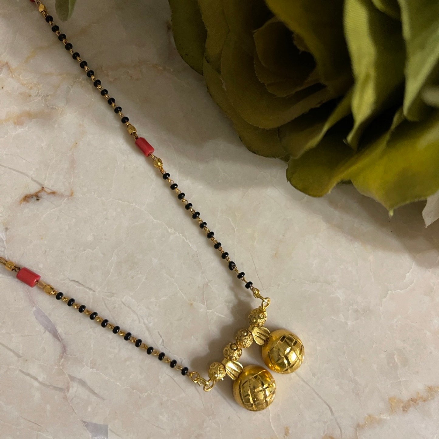 Marathi Style Long Vati Mangalsutra Designs Gold Plated Simple Red And Black Beads Chain