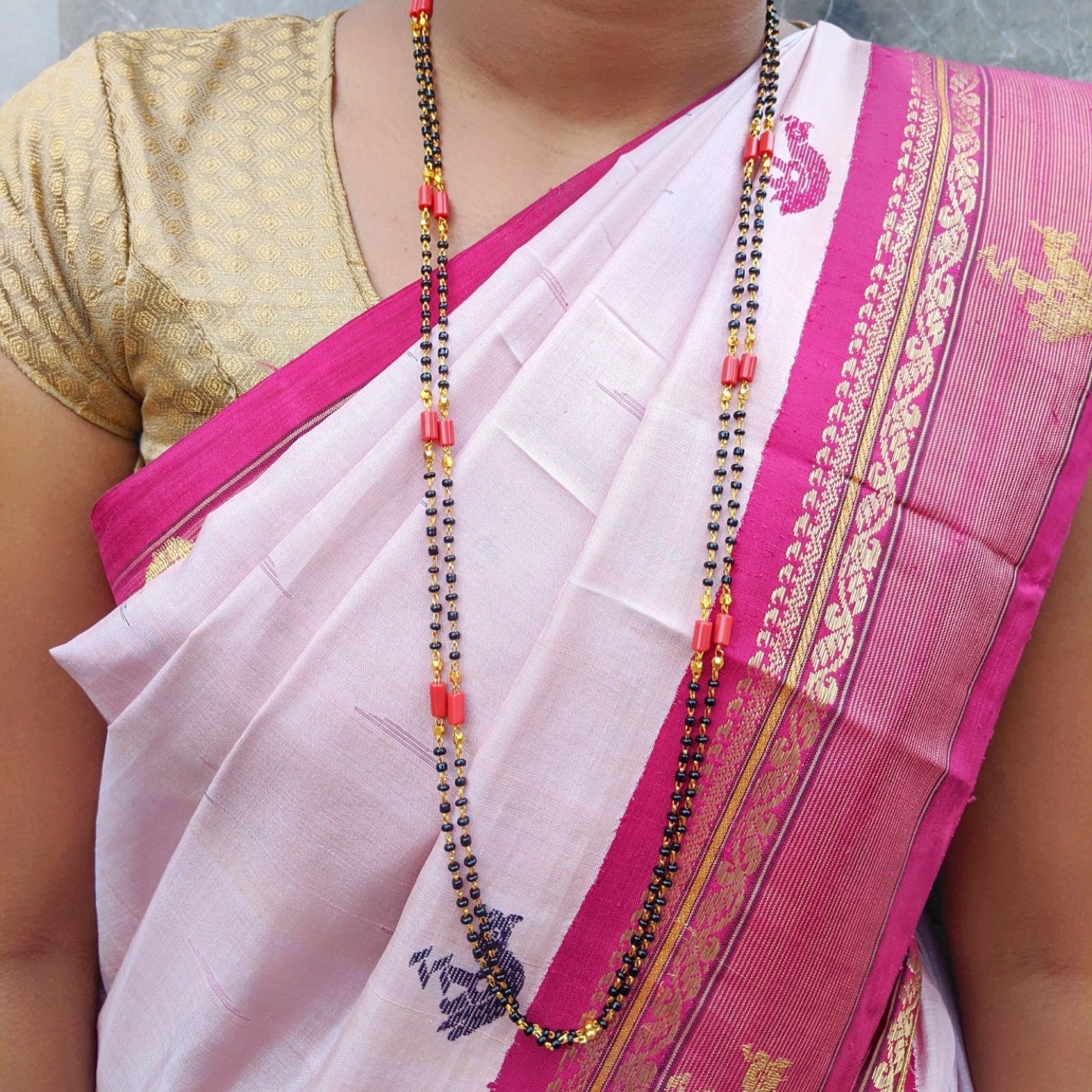 Gold Plated Traditional Long Mangalsutra Designs Double Line Red And Black Beads Chain