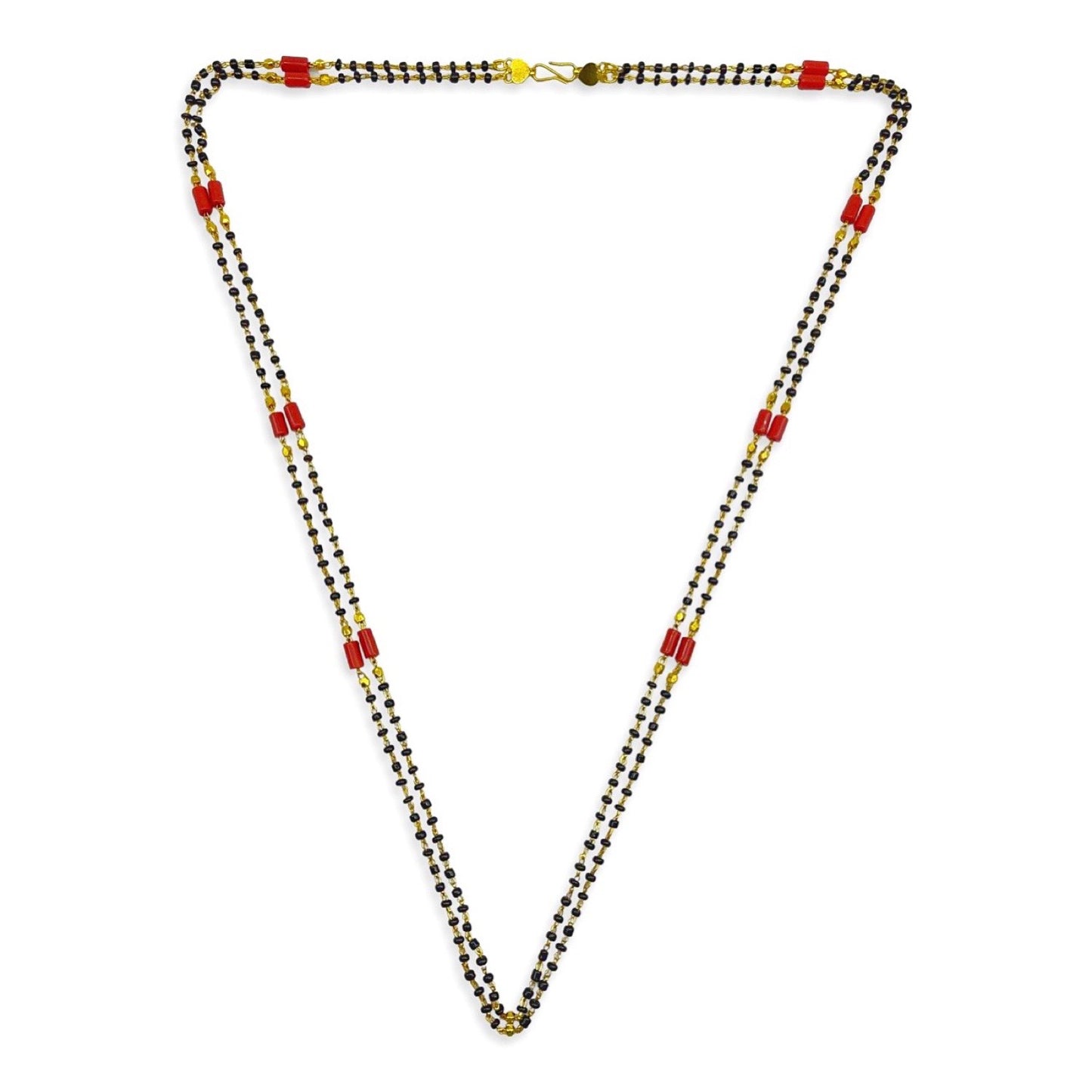 Gold Plated Traditional Long Mangalsutra Designs Double Line Red And Black Beads Chain