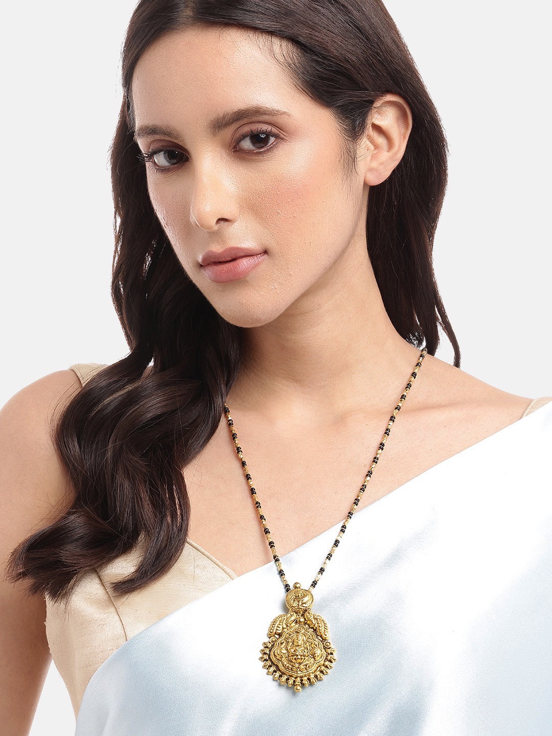 Gold Plated Maharashtrian Long Mangalsutra Laxmi Pendant Black Bead Chain