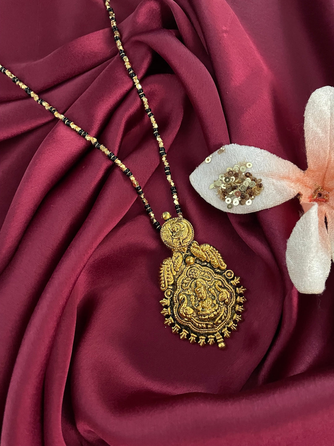 Gold Plated Maharashtrian Long Mangalsutra Laxmi Pendant Black Bead Chain