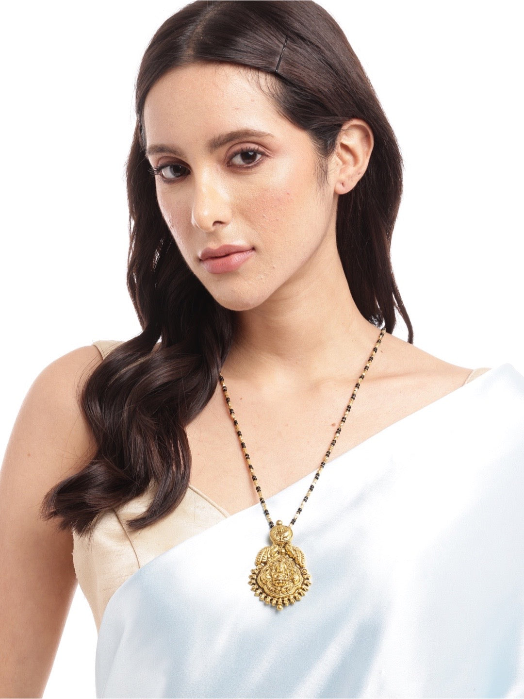 Gold Plated Maharashtrian Long Mangalsutra Laxmi Pendant Black Bead Chain