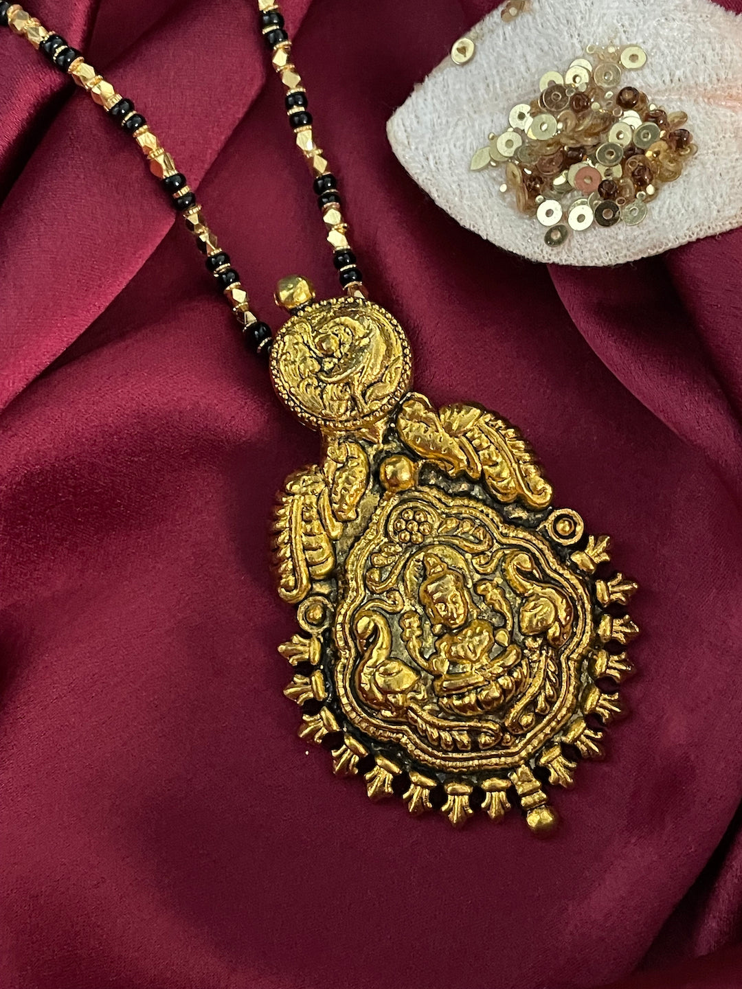 Gold Plated Maharashtrian Long Mangalsutra Laxmi Pendant Black Bead Chain