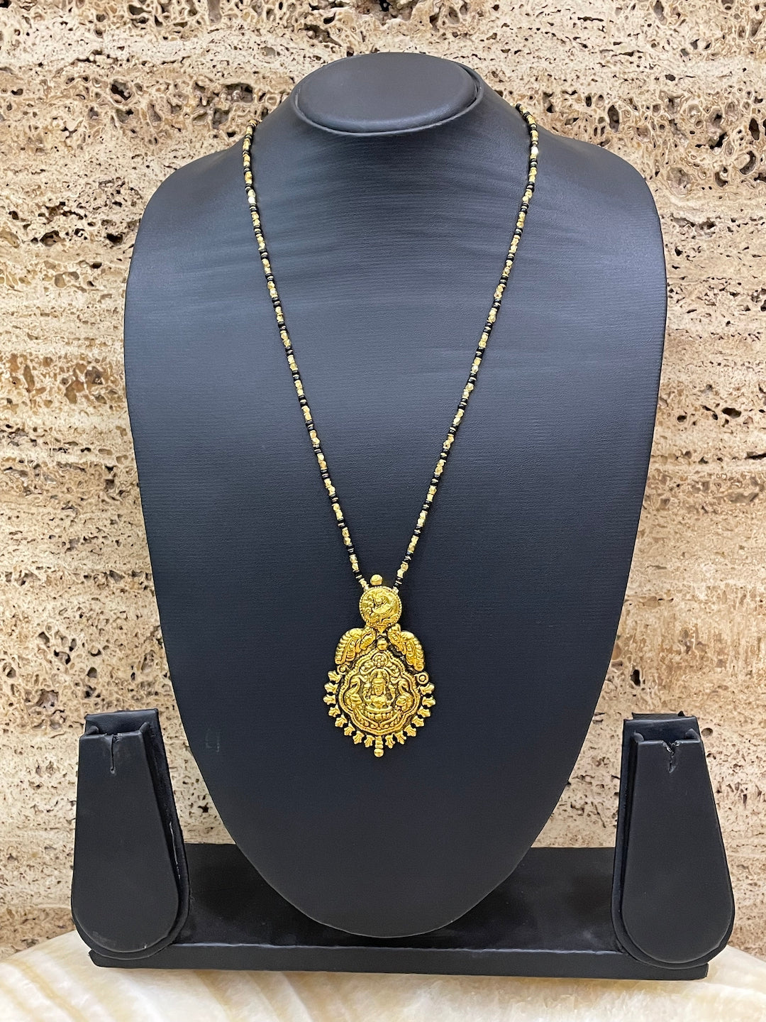 Gold Plated Maharashtrian Long Mangalsutra Laxmi Pendant Black Bead Chain