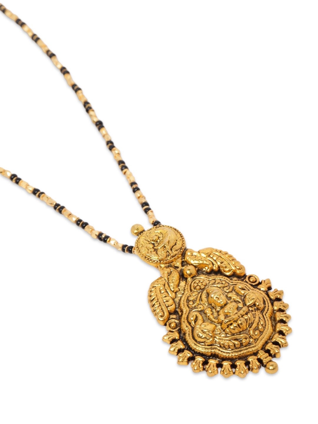 Gold Plated Maharashtrian Long Mangalsutra Laxmi Pendant Black Bead Chain
