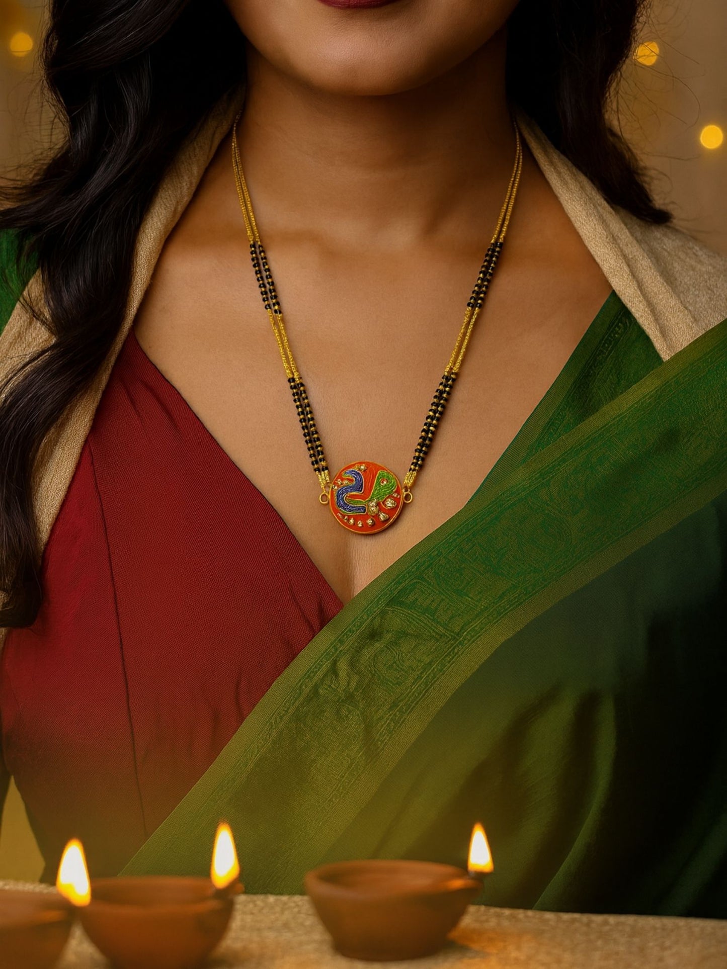 Enamel Peacock Pendant Short Mangalsutra Designs