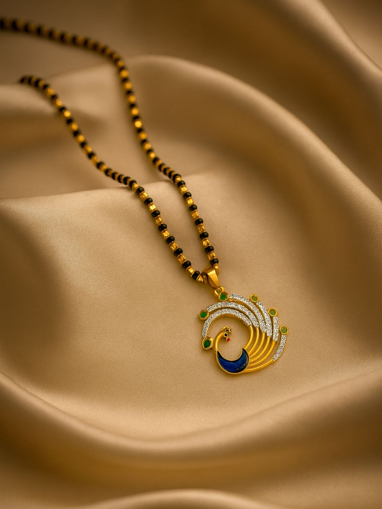 American Diamond Peacock Pendant Long Mangalsutra Designs