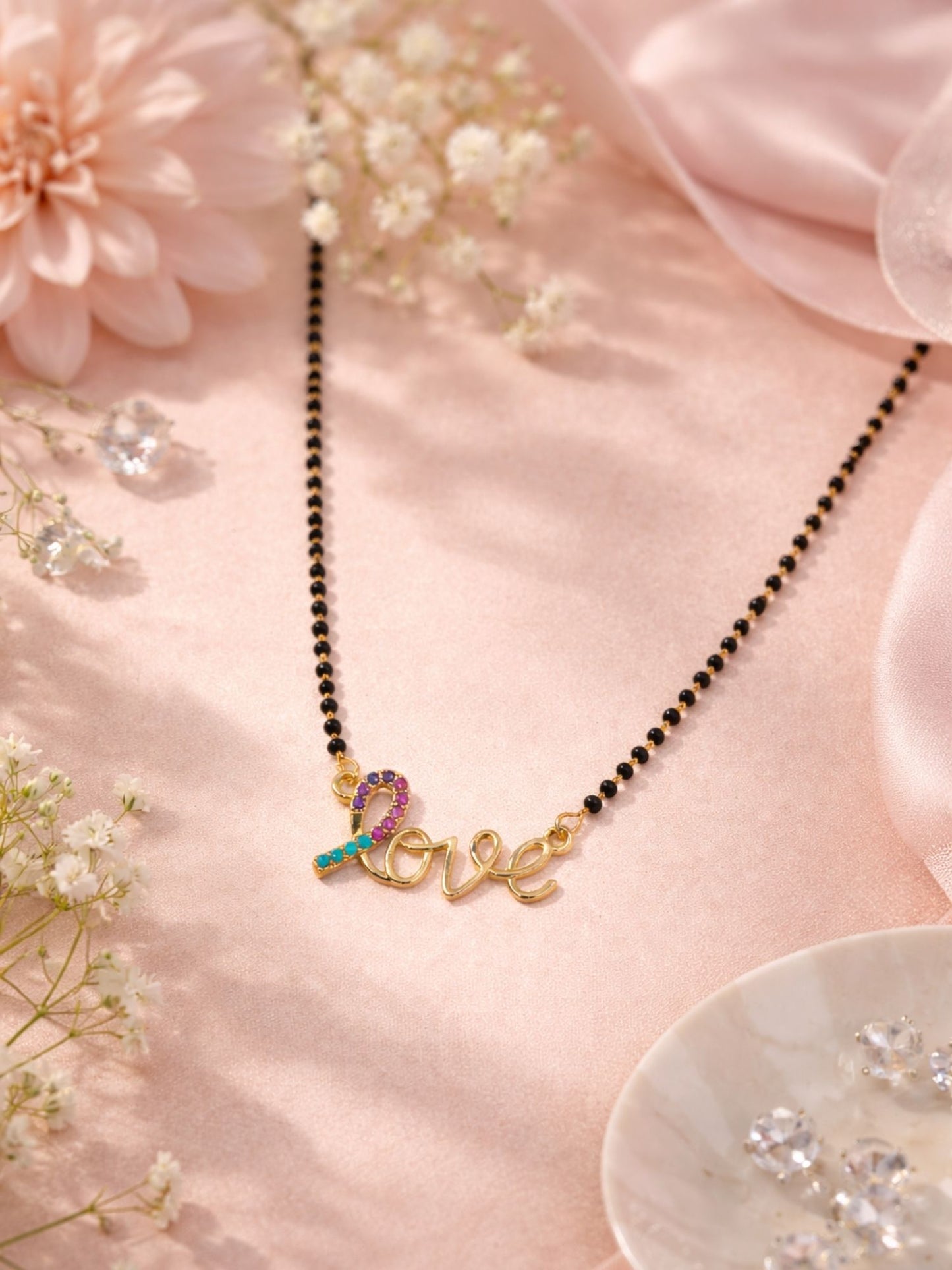 Rose Gold Love Short Mangalsutra Design with Black Beads