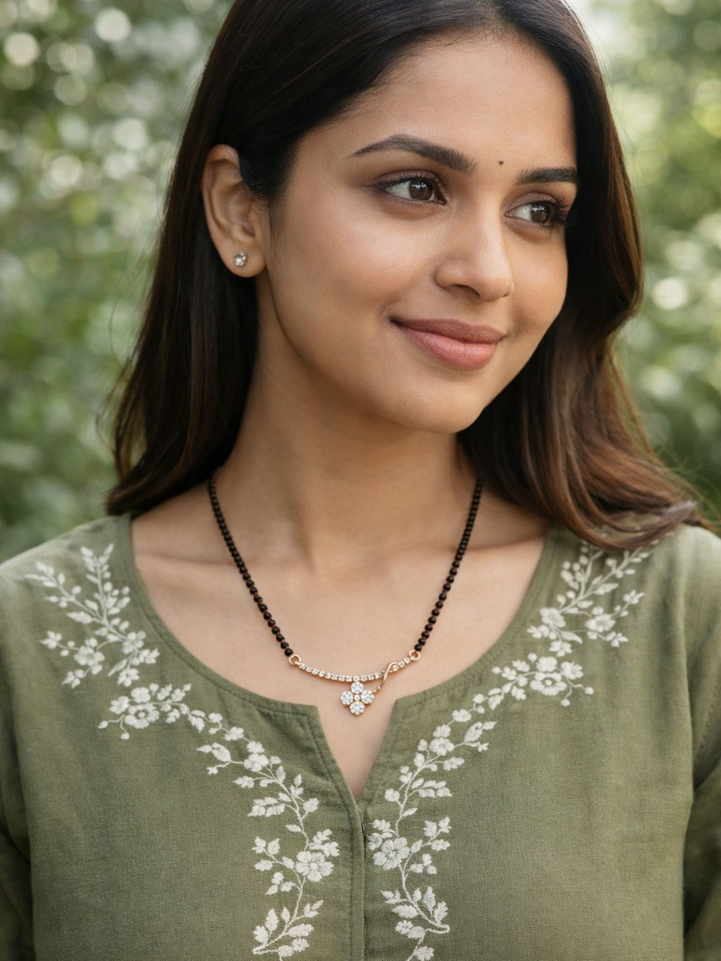 Floral Diamond Black Bead Festive Short Mangalsutra