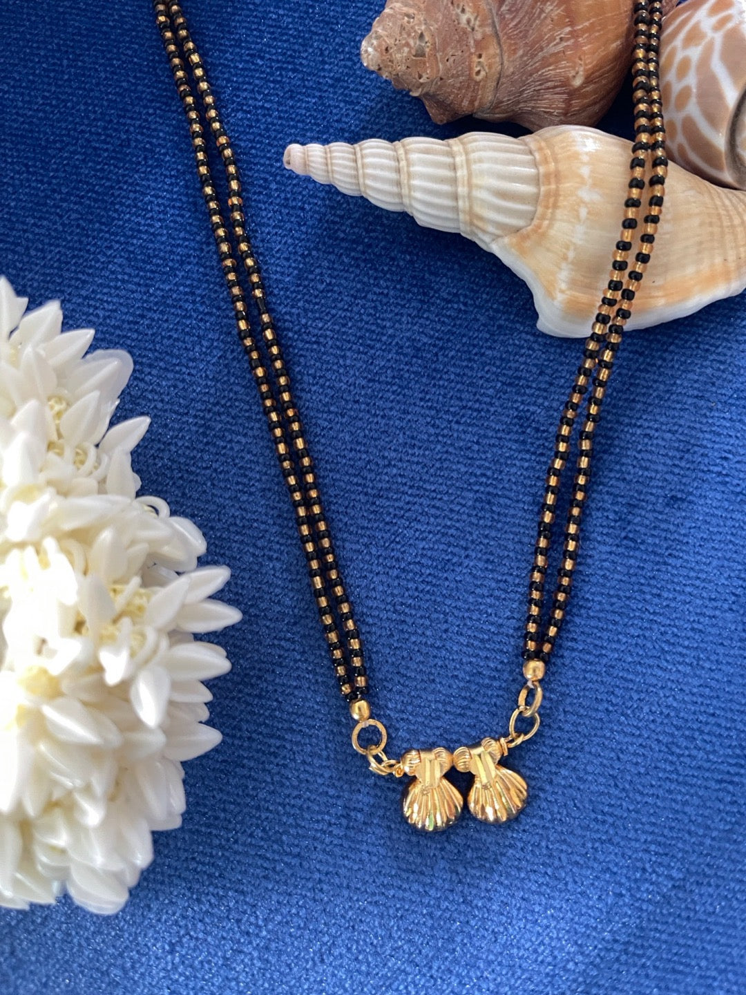 Short Mangalsutra Designs Gold Plated Latest 2 Vati Pendant Black Beads Mangalsutra