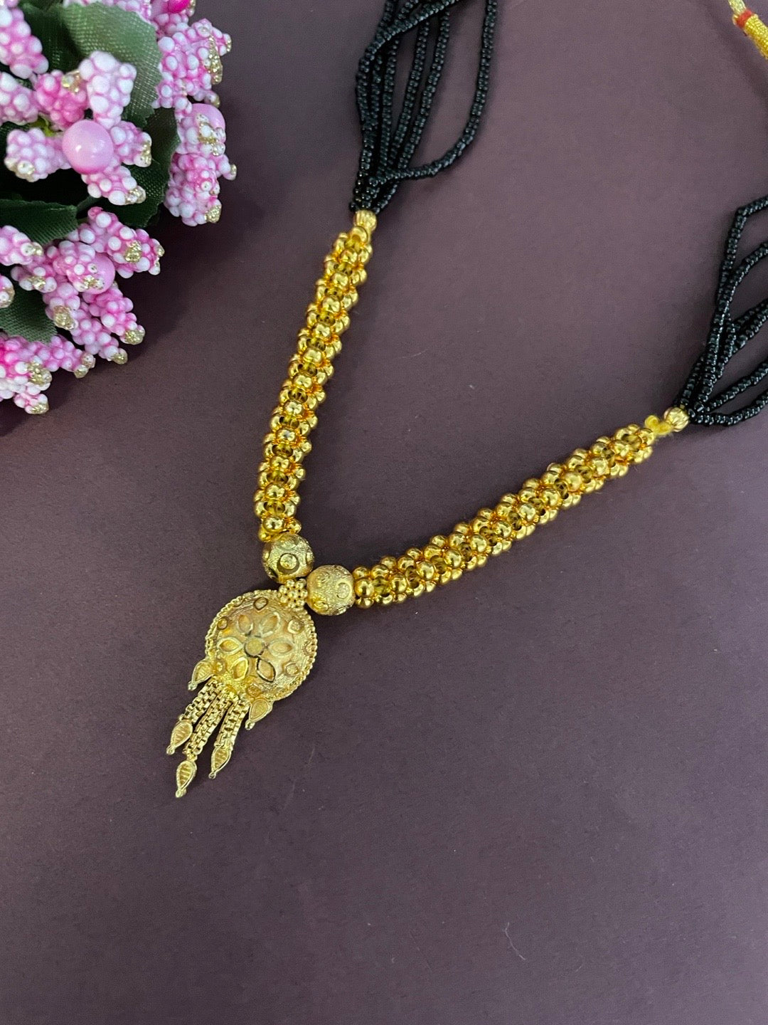 Gold Plated Maharashtrian Short Mangalsutra Floral Vati Pendant Black Bead Chain