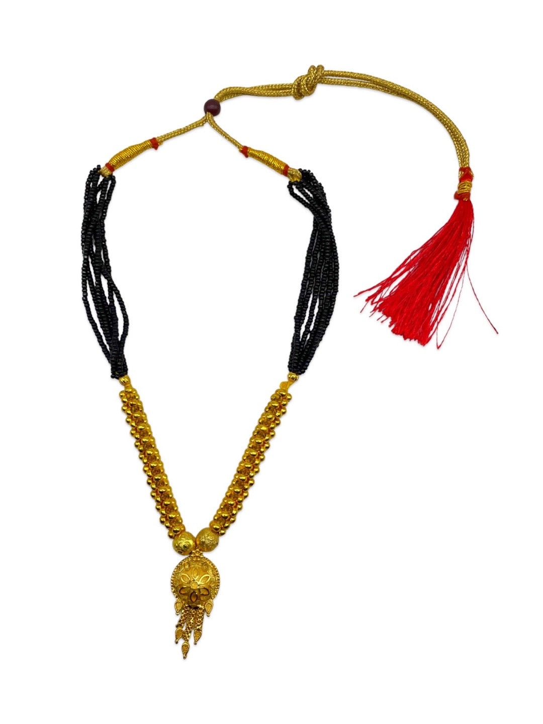 Gold Plated Maharashtrian Short Mangalsutra Floral Vati Pendant Black Bead Chain