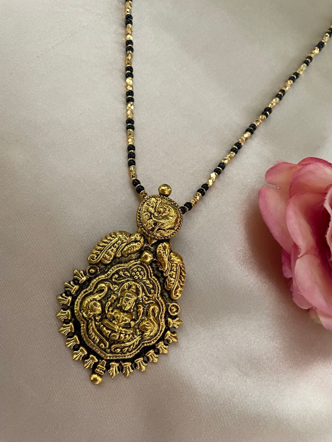 Gold Plated Maharashtrian Long Mangalsutra Laxmi Pendant Black Bead Chain