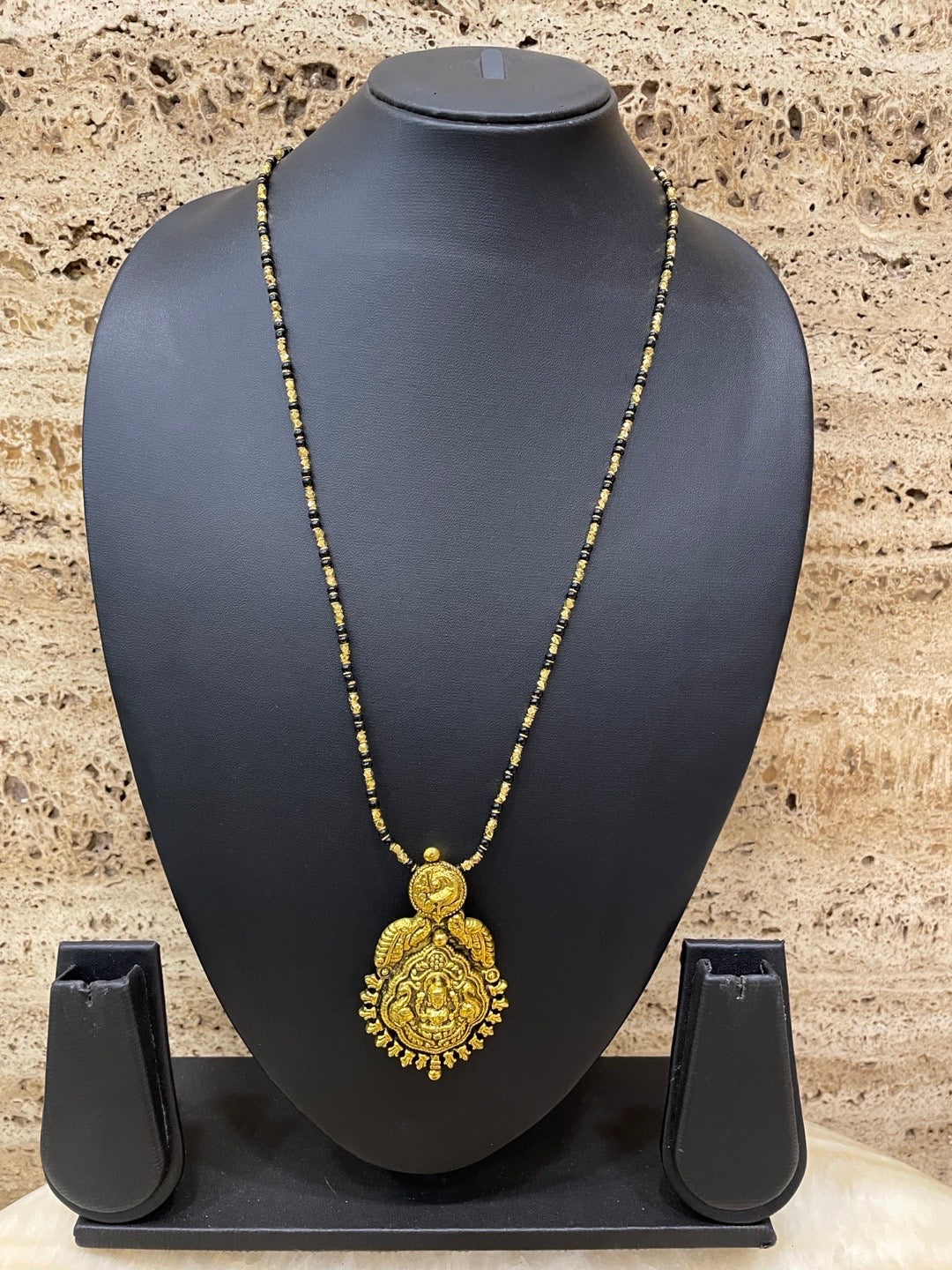 Gold Plated Maharashtrian Long Mangalsutra Laxmi Pendant Black Bead Chain
