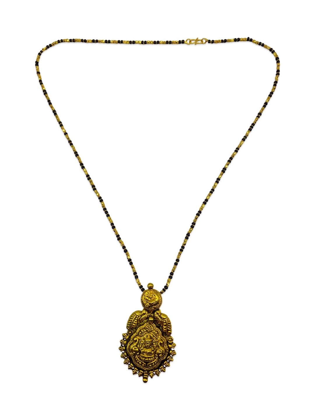 Gold Plated Maharashtrian Long Mangalsutra Laxmi Pendant Black Bead Chain