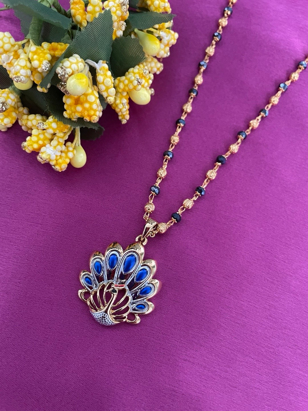 Gold Plated Maharashtrian Long Mangalsutra Blue Peacock Pendant Black Bead Chain