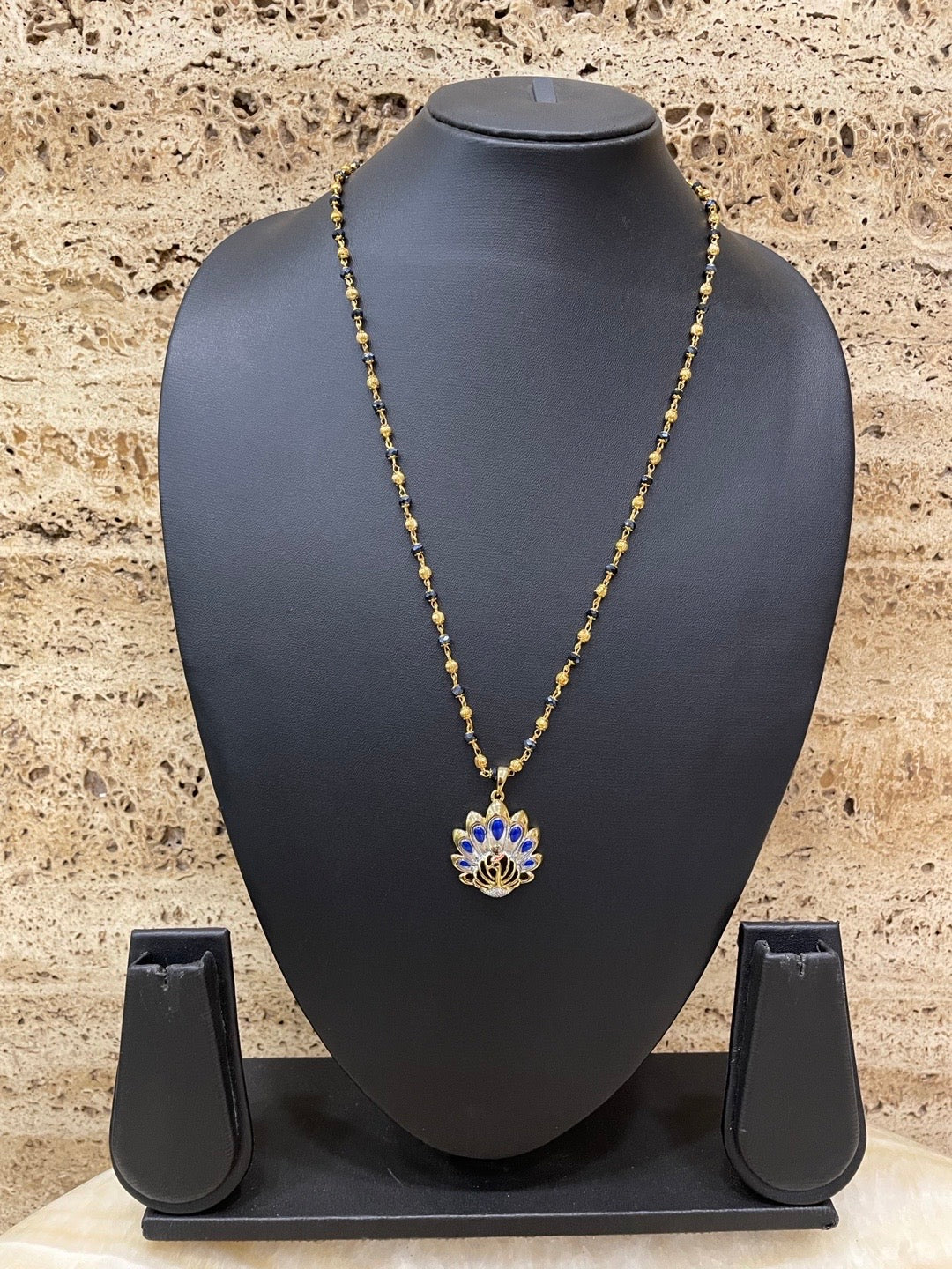 Gold Plated Maharashtrian Long Mangalsutra Blue Peacock Pendant Black Bead Chain