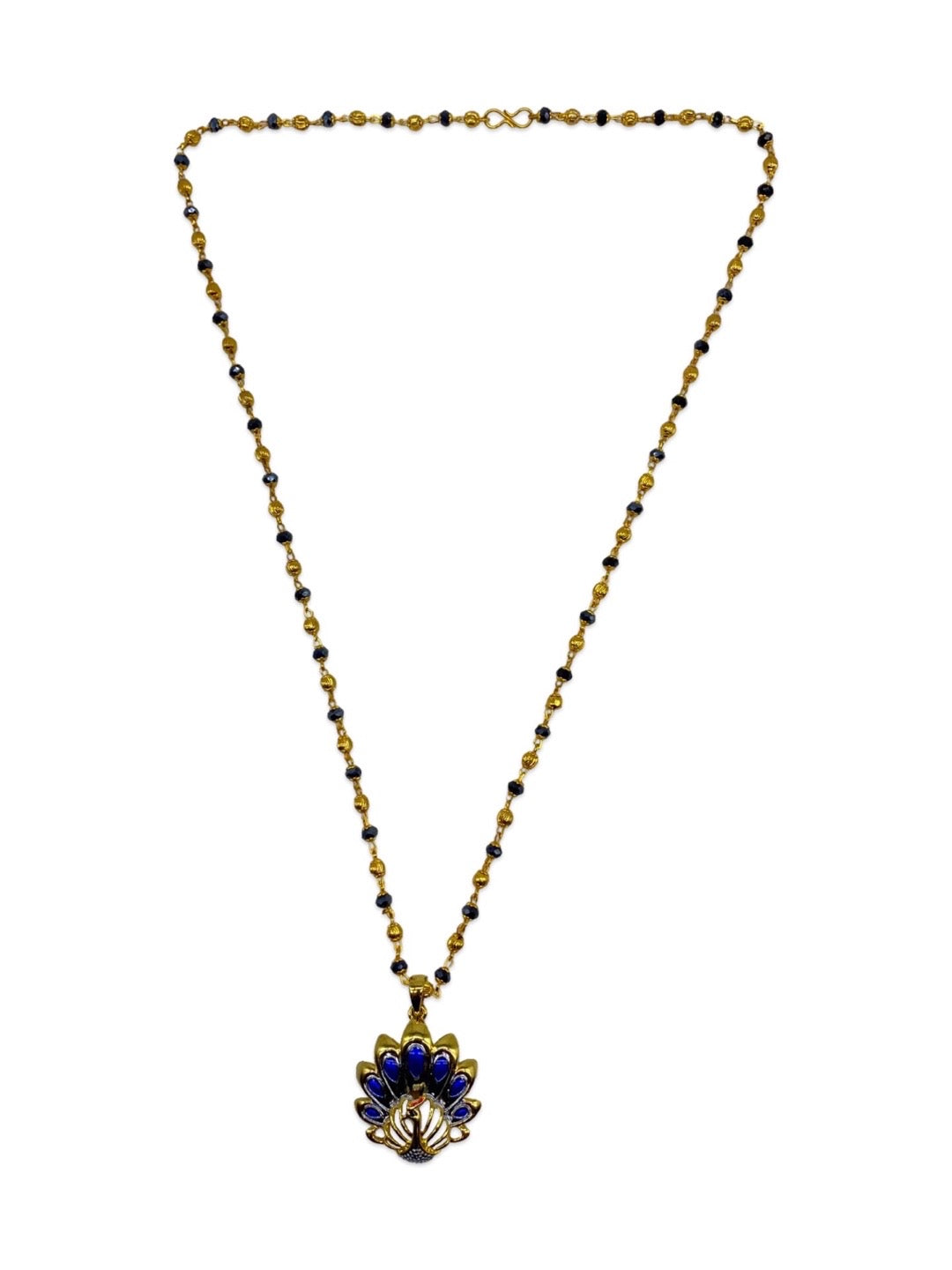 Gold Plated Maharashtrian Long Mangalsutra Blue Peacock Pendant Black Bead Chain