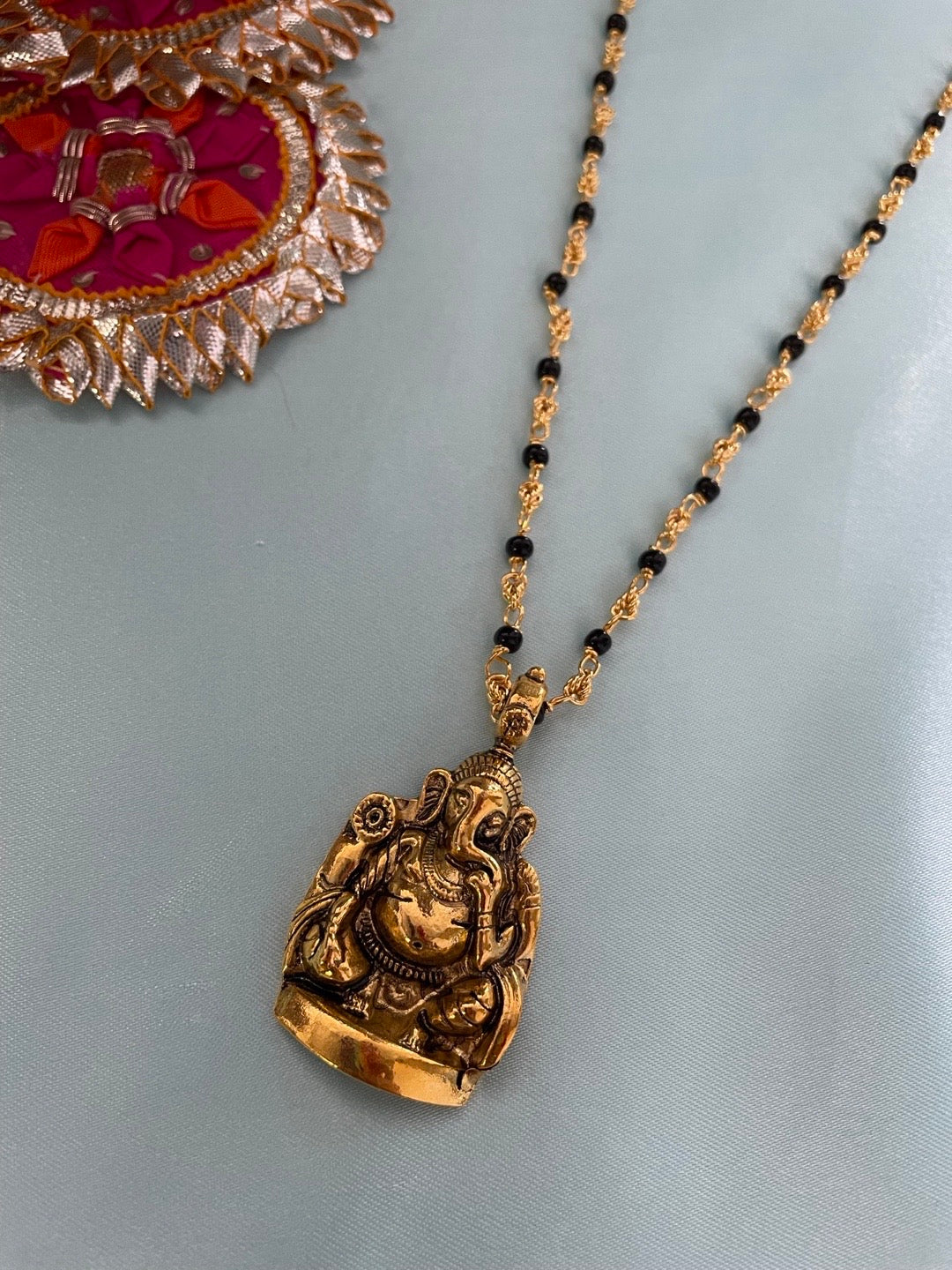 Gold Plated Maharashtrian Long Mangalsutra Lord Ganesha Pendant Black Bead Chain