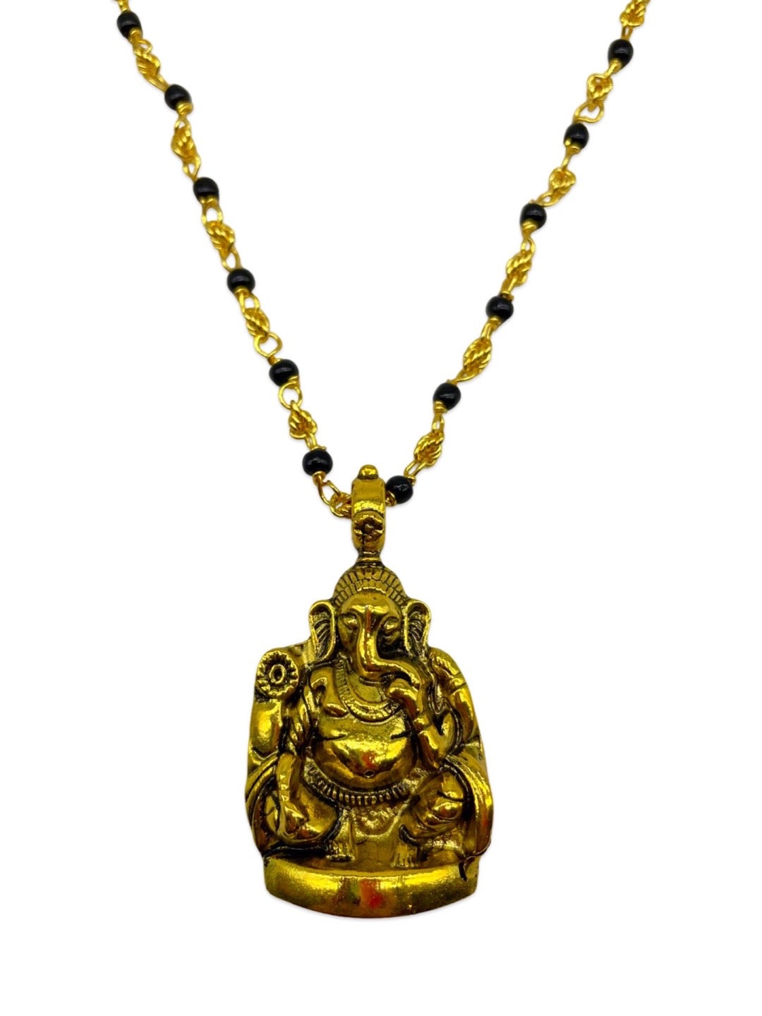 Gold Plated Maharashtrian Long Mangalsutra Lord Ganesha Pendant Black Bead Chain