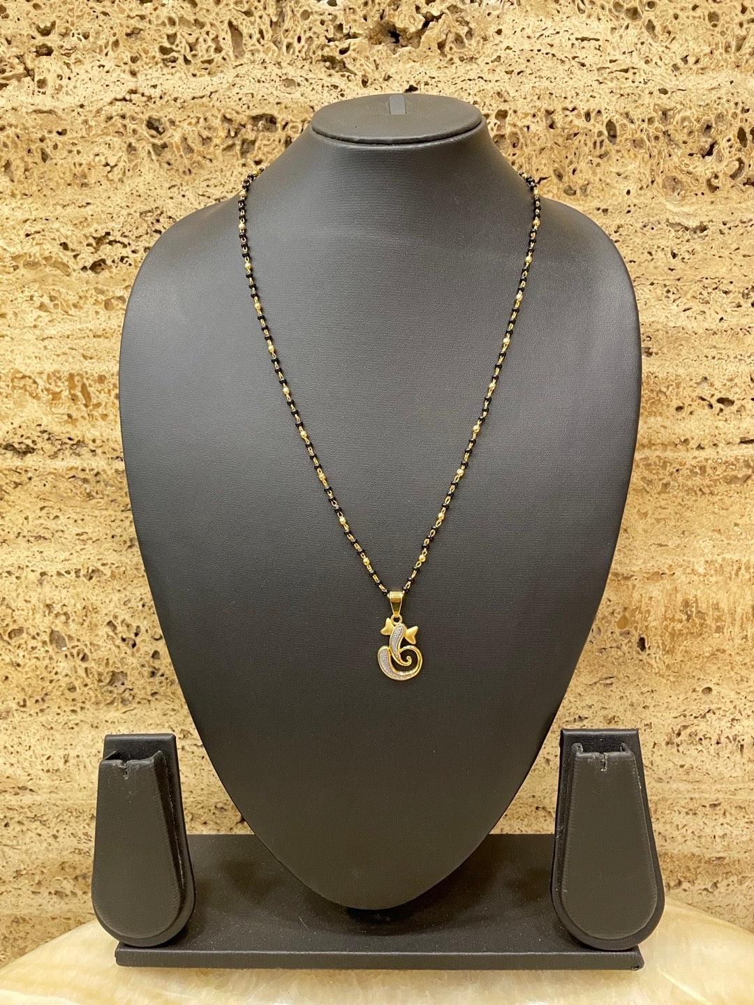 Gold Plated Maharashtrian Long Mangalsutra Lord Ganesha Pendant Black Bead Chain