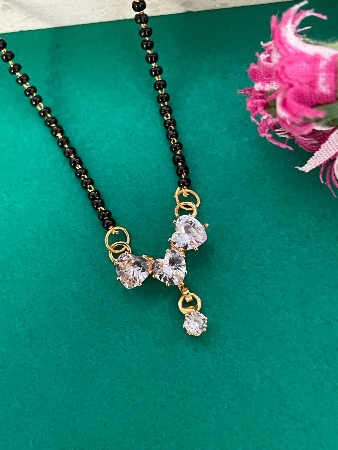 Gold Plated Maharashtrian Short Mangalsutra AD Heart Shape Pendant Black Beads