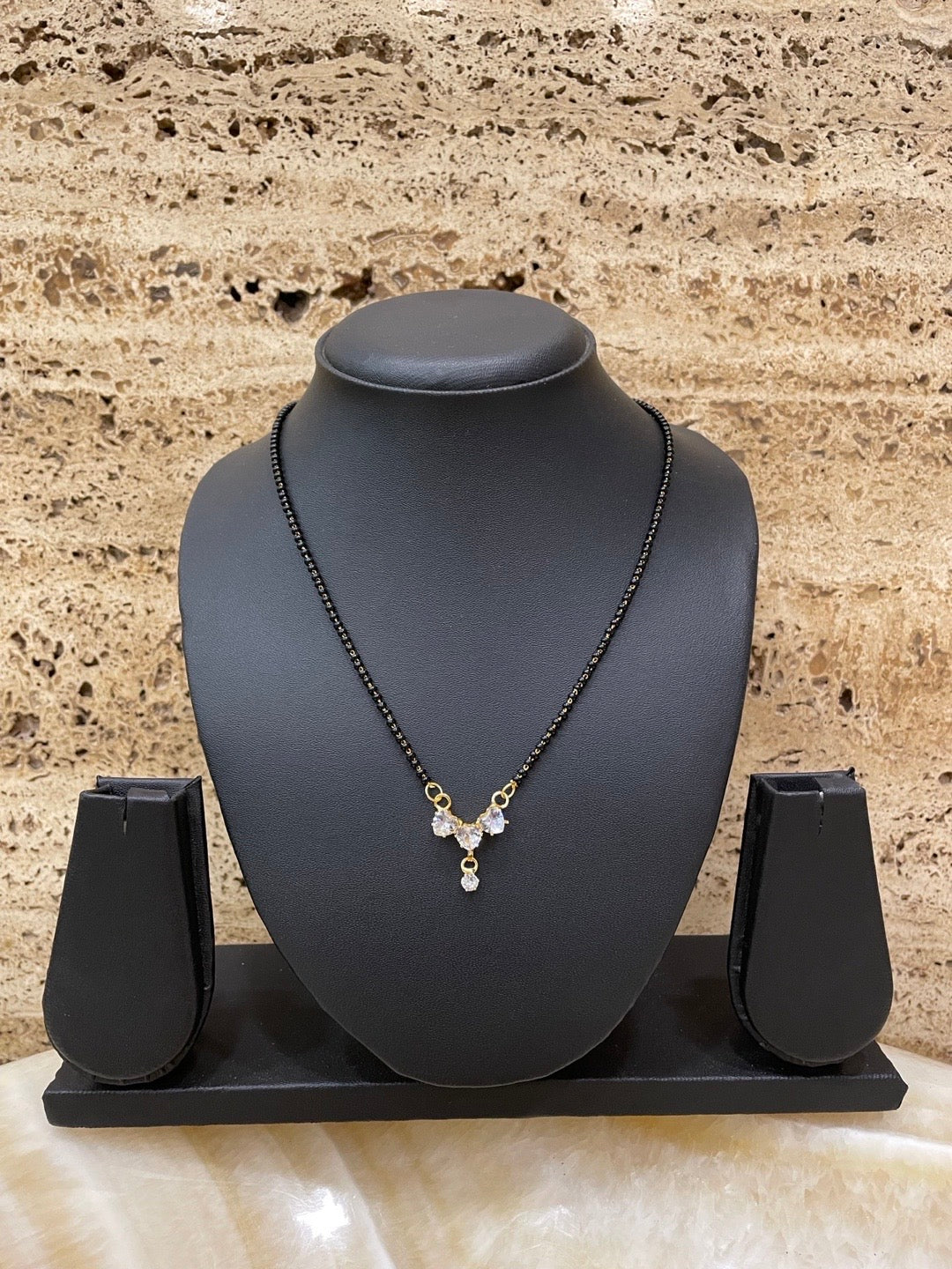 Gold Plated Maharashtrian Short Mangalsutra AD Heart Shape Pendant Black Beads