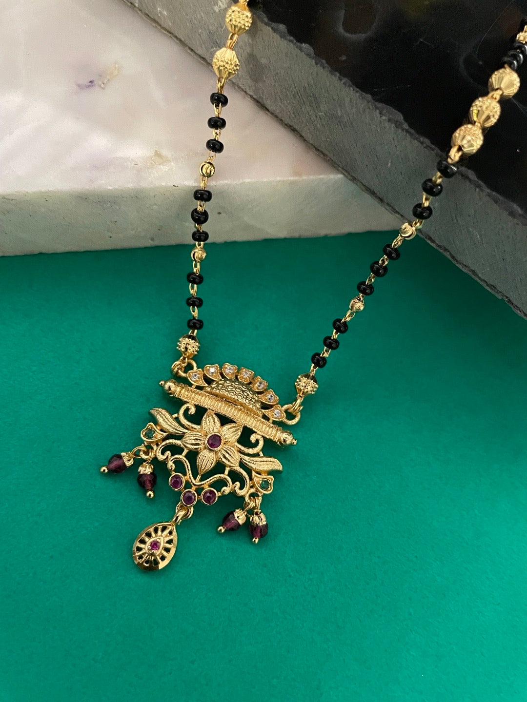 Short Mangalsutra Multi Stone Floral Pendant