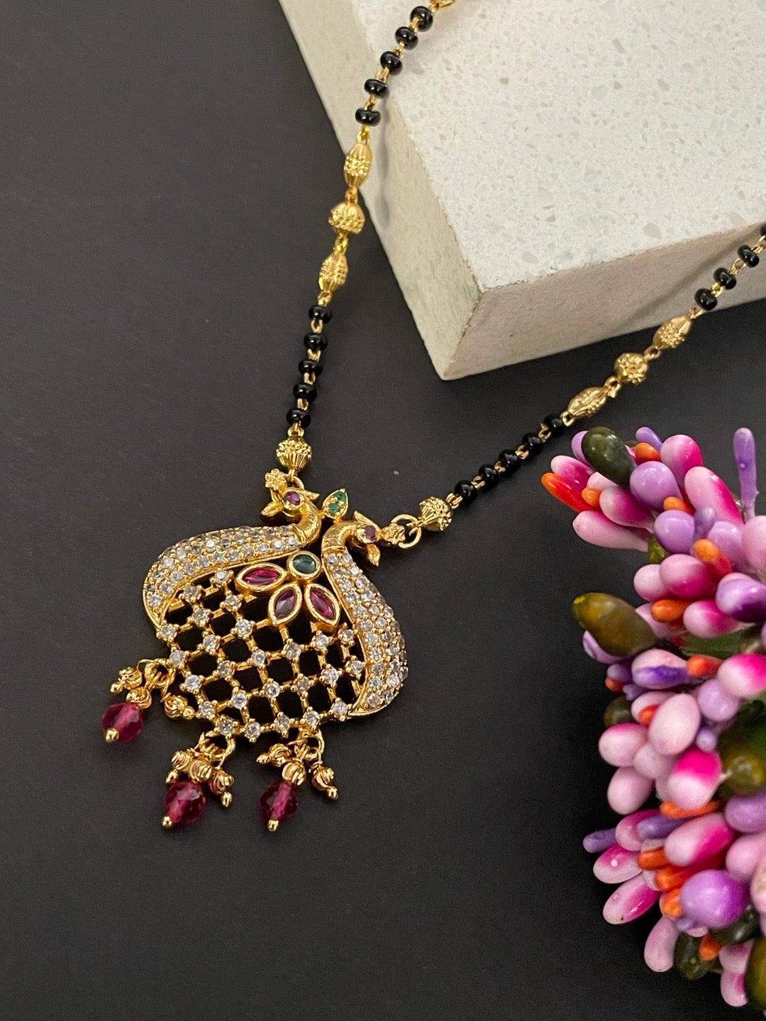 Short Mangalsutra AD Multi Stone Peacock Pendant