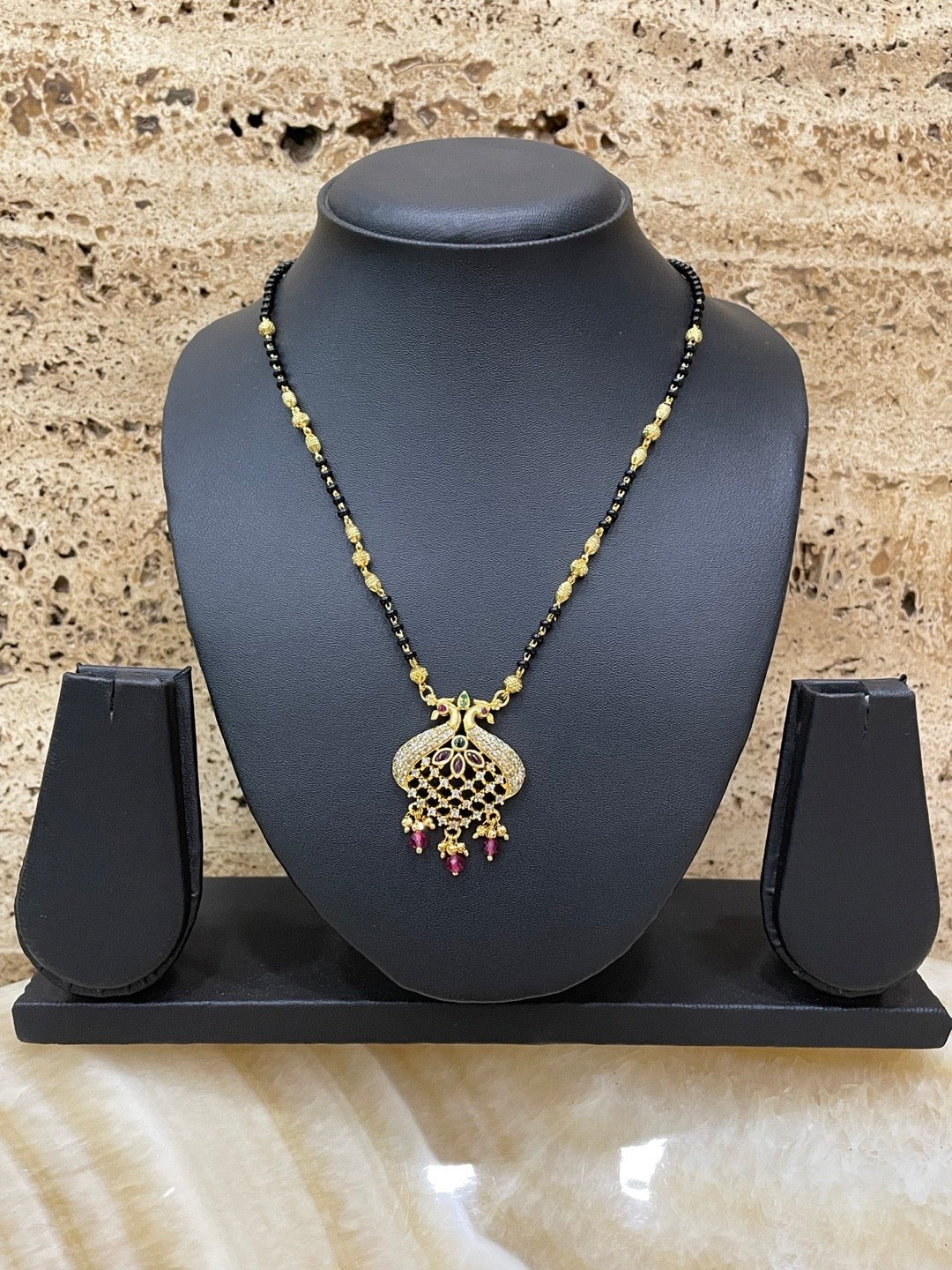 Short Mangalsutra AD Multi Stone Peacock Pendant