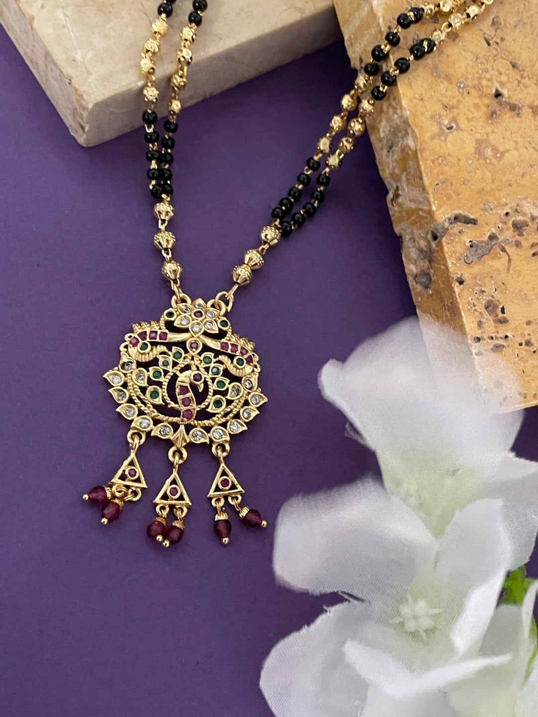 Short Mangalsutra AD Floral Peacock Pendant