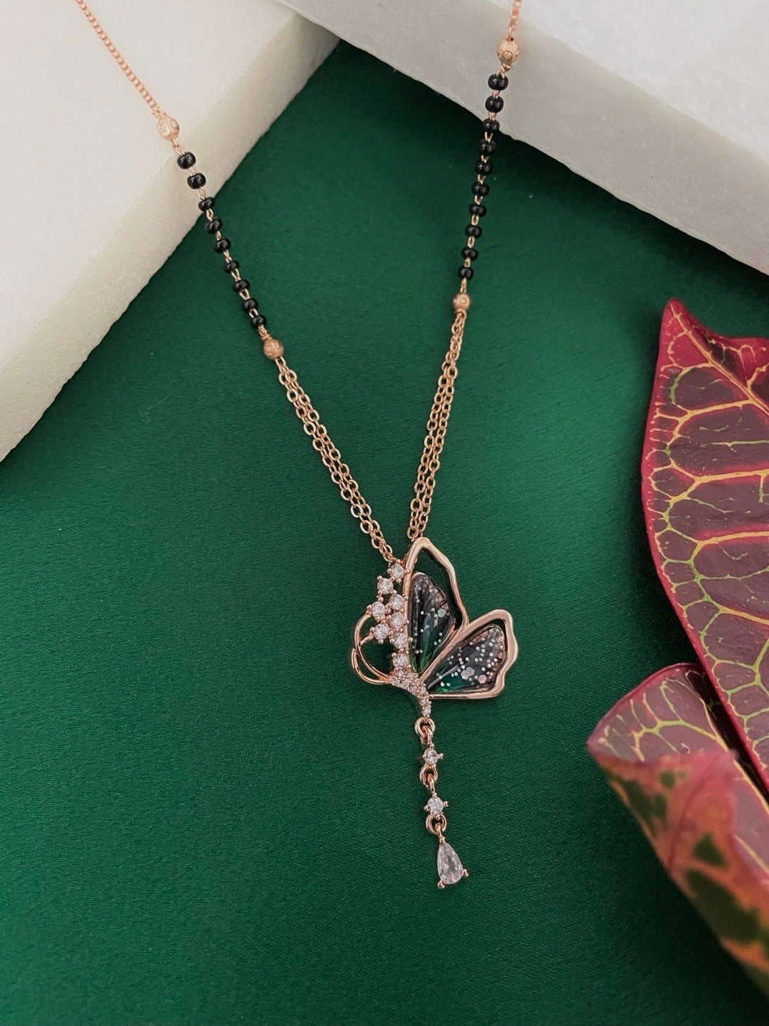 Short American Diamond Rose Gold Mangalsutra Butterfly Pendant Black Beads Chain